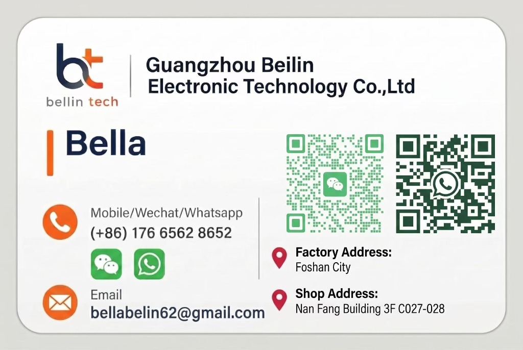 Bella's Business Card - Guangzhou Beilin Electronic Technology Co., Ltd with WeChat and WhatsApp QR codes